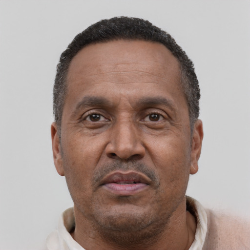 Neutral black adult male with short  black hair and brown eyes