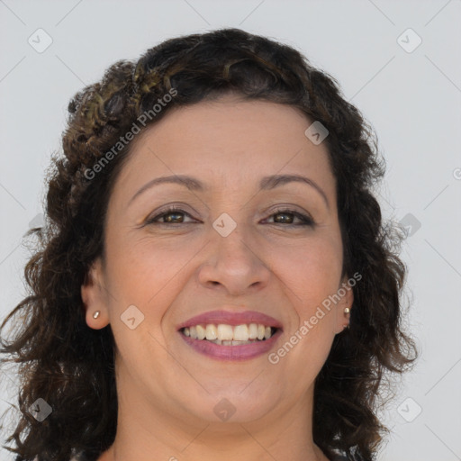 Joyful white adult female with long  brown hair and brown eyes