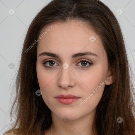 Neutral white young-adult female with long  brown hair and brown eyes