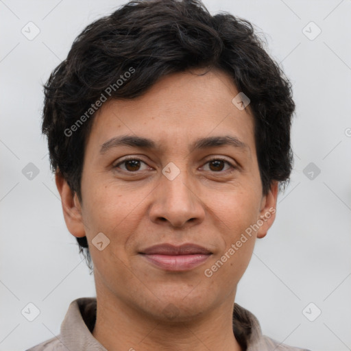 Joyful white adult female with short  brown hair and brown eyes