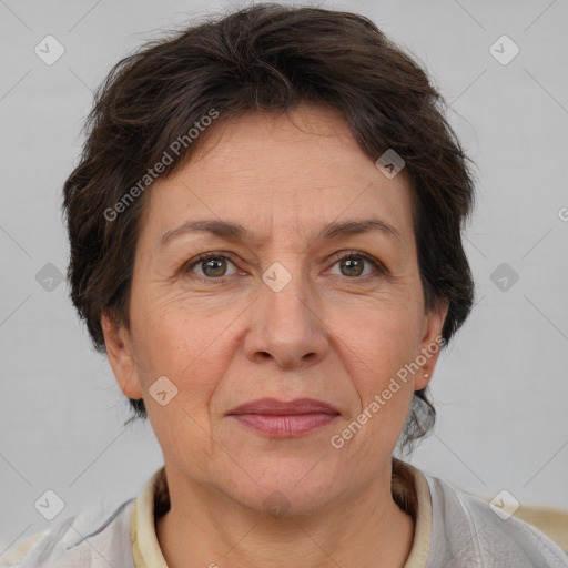 Joyful white adult female with short  brown hair and brown eyes