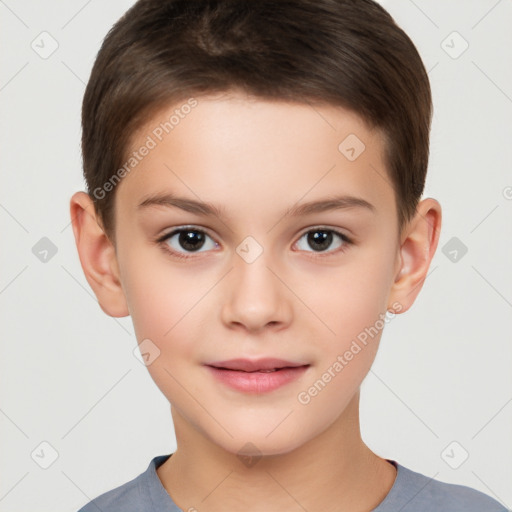 Joyful white child female with short  brown hair and brown eyes