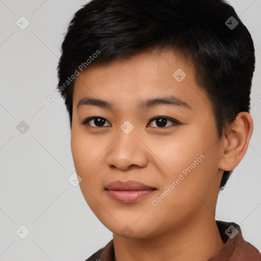 Joyful asian young-adult female with short  black hair and brown eyes