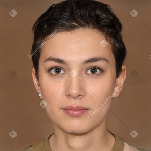 Neutral white young-adult female with short  brown hair and brown eyes