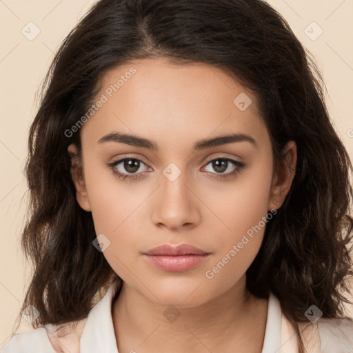 Neutral white young-adult female with long  brown hair and brown eyes