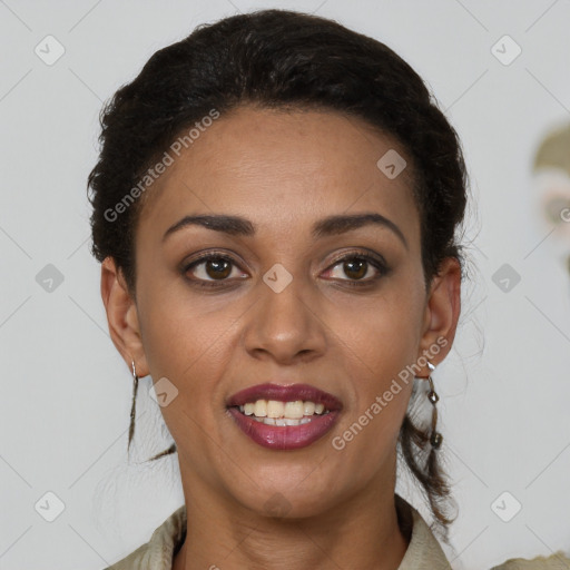 Joyful latino young-adult female with short  brown hair and brown eyes