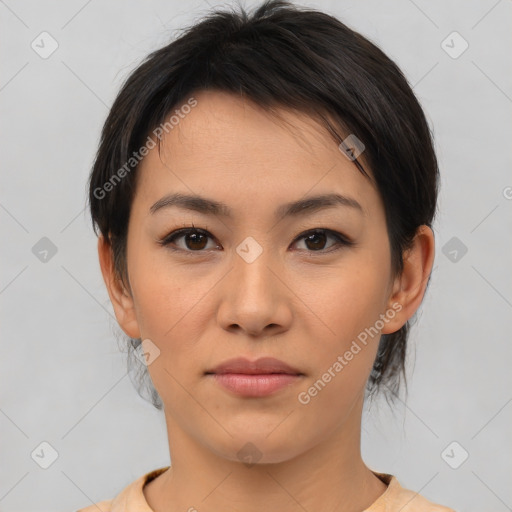 Neutral asian young-adult female with medium  brown hair and brown eyes