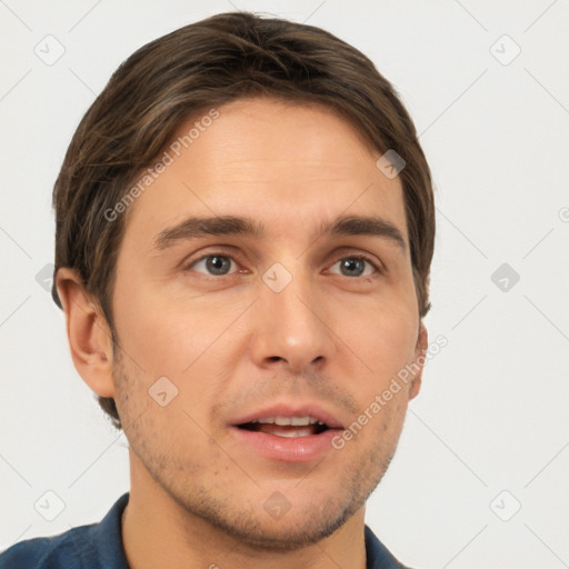 Neutral white young-adult male with short  brown hair and brown eyes