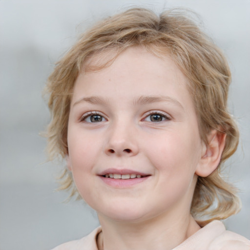 Joyful white child female with medium  brown hair and blue eyes