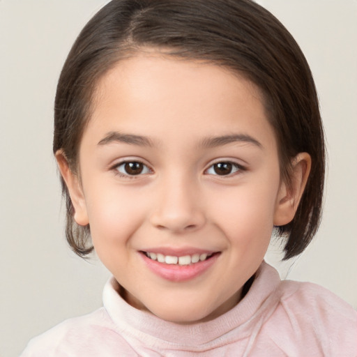 Joyful white child female with medium  brown hair and brown eyes