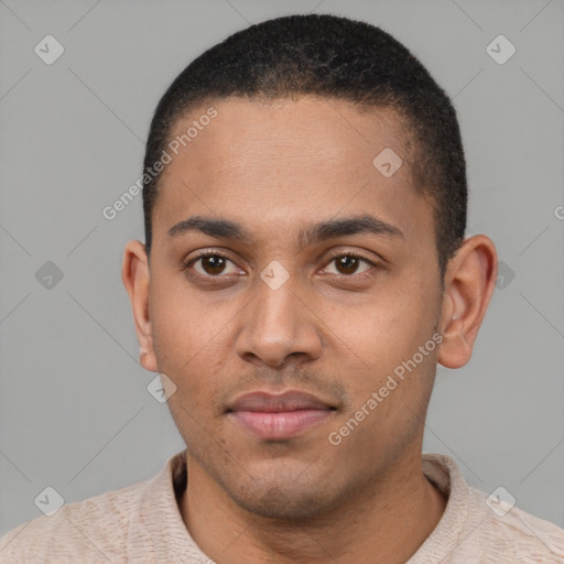 Neutral white young-adult male with short  black hair and brown eyes