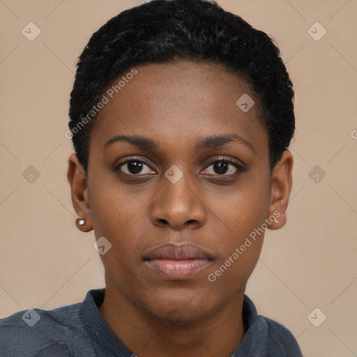 Neutral black young-adult female with short  black hair and brown eyes