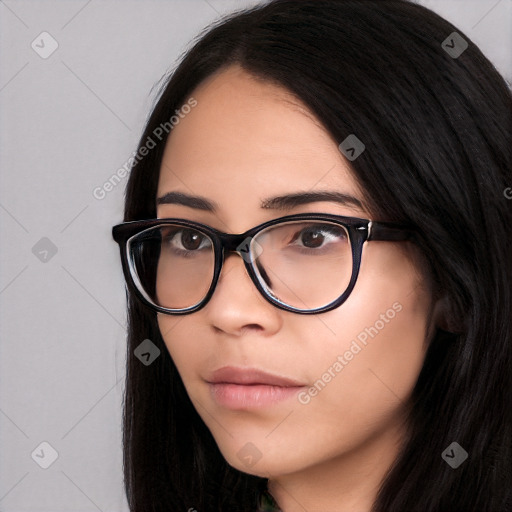 Neutral white young-adult female with long  black hair and brown eyes