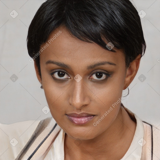 Joyful asian young-adult female with short  brown hair and brown eyes