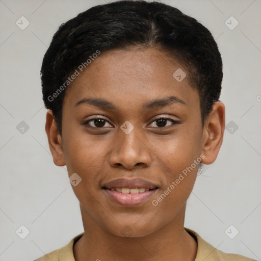 Joyful latino young-adult female with short  brown hair and brown eyes