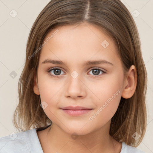 Joyful white child female with medium  brown hair and brown eyes