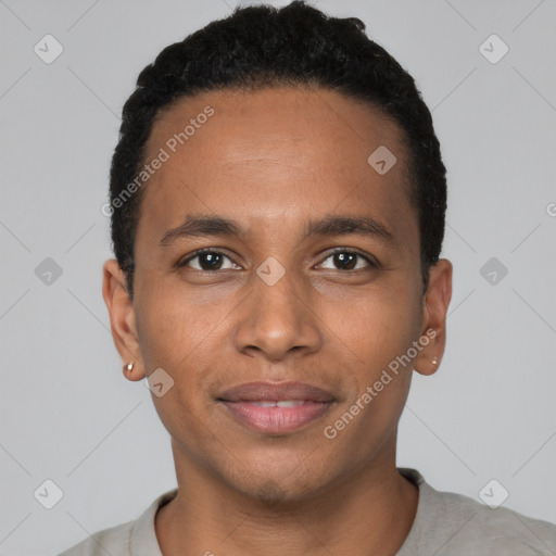 Joyful black young-adult male with short  brown hair and brown eyes