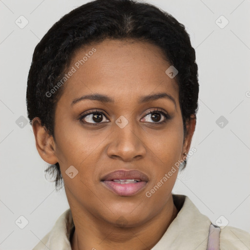 Joyful black young-adult female with short  brown hair and brown eyes
