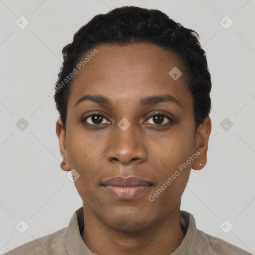 Neutral black young-adult female with short  black hair and brown eyes