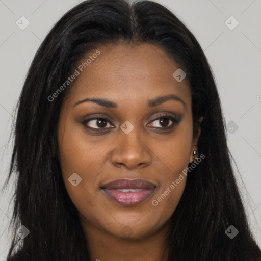 Joyful asian young-adult female with long  brown hair and brown eyes