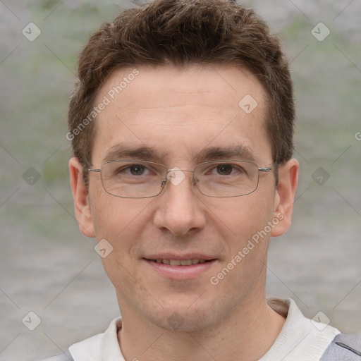 Joyful white adult male with short  brown hair and grey eyes