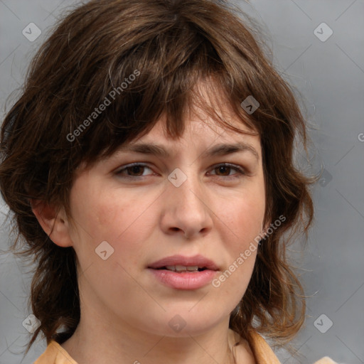 Neutral white young-adult female with medium  brown hair and brown eyes