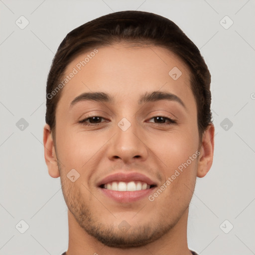 Joyful white young-adult male with short  brown hair and brown eyes