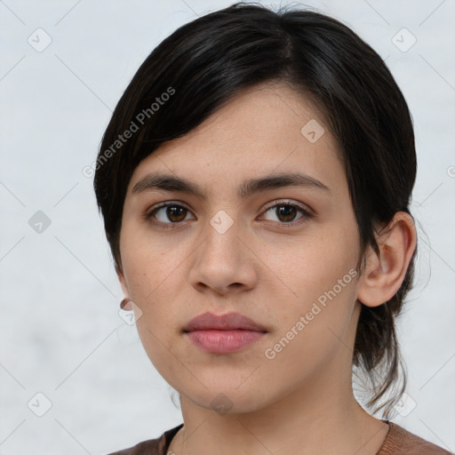 Neutral white young-adult female with medium  brown hair and brown eyes