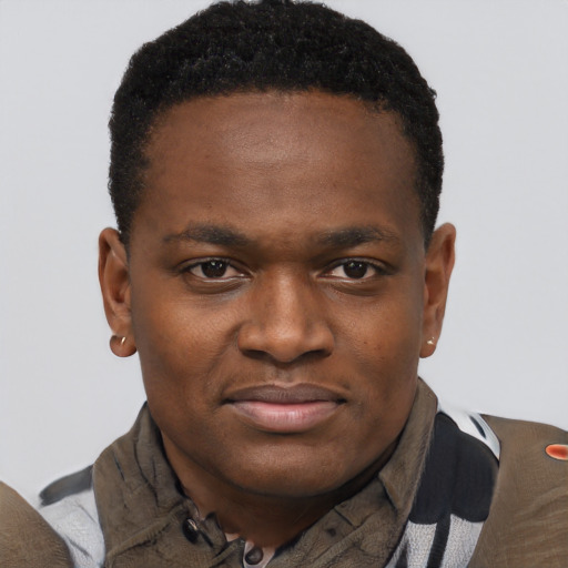 Joyful black young-adult male with short  brown hair and brown eyes