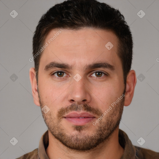 Neutral white young-adult male with short  brown hair and brown eyes