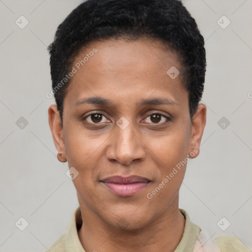 Joyful black young-adult female with short  black hair and brown eyes