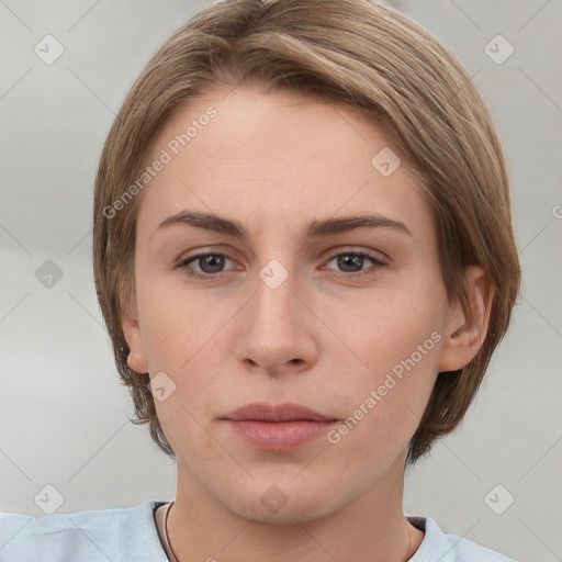 Neutral white young-adult female with short  brown hair and grey eyes