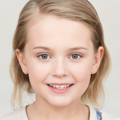 Joyful white child female with medium  brown hair and blue eyes