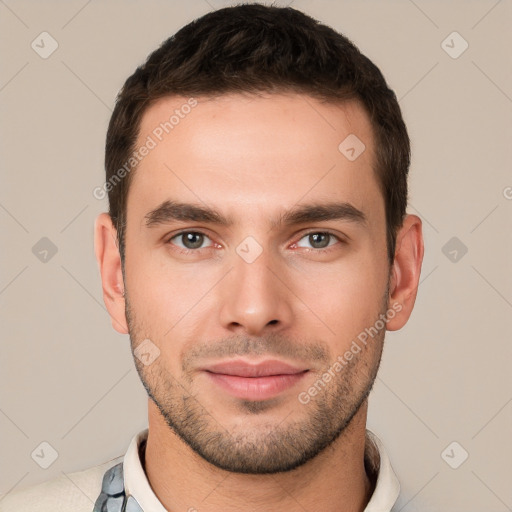 Neutral white young-adult male with short  brown hair and brown eyes