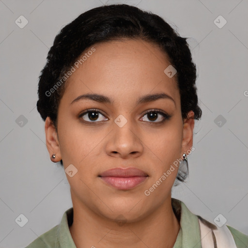 Joyful latino young-adult female with short  black hair and brown eyes