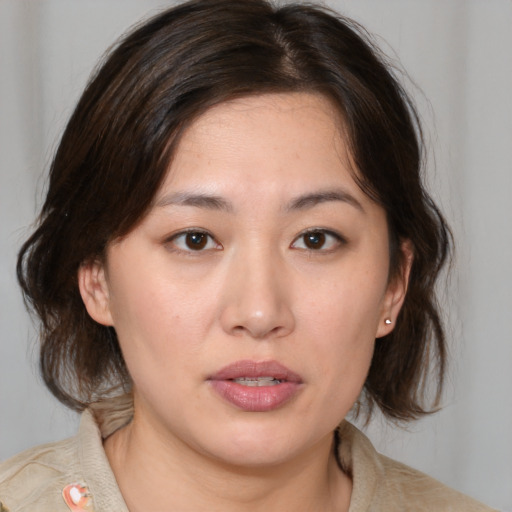 Neutral white young-adult female with medium  brown hair and brown eyes