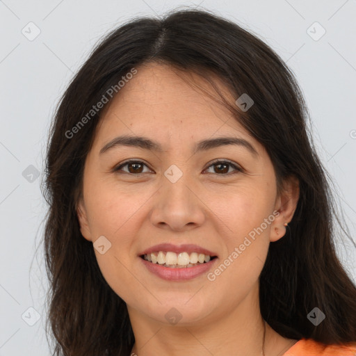 Joyful white young-adult female with long  brown hair and brown eyes