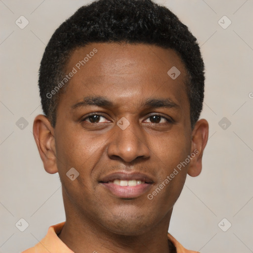 Joyful latino young-adult male with short  brown hair and brown eyes