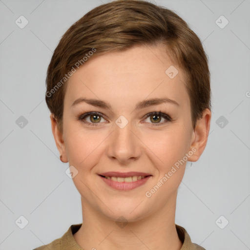 Joyful white young-adult female with short  brown hair and grey eyes