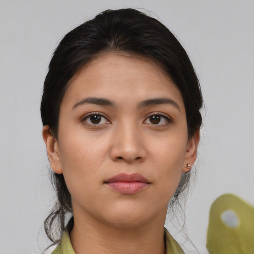 Neutral asian young-adult female with medium  brown hair and brown eyes