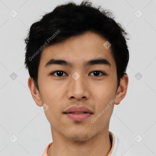 Neutral asian young-adult male with short  black hair and brown eyes