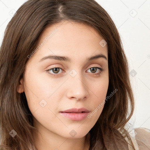 Neutral white young-adult female with long  brown hair and brown eyes