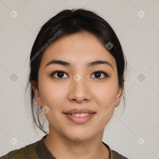 Joyful asian young-adult female with medium  black hair and brown eyes