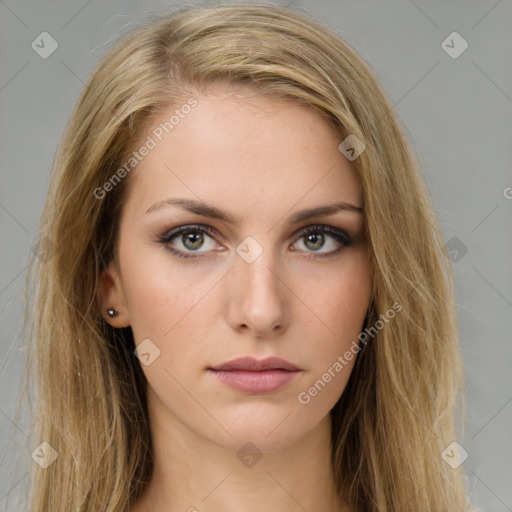 Neutral white young-adult female with long  brown hair and brown eyes