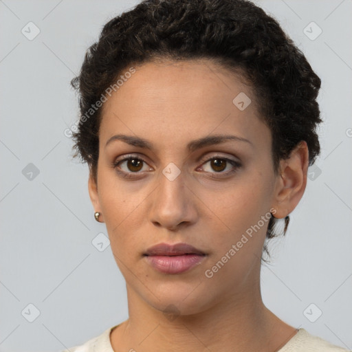 Neutral white young-adult female with short  brown hair and brown eyes