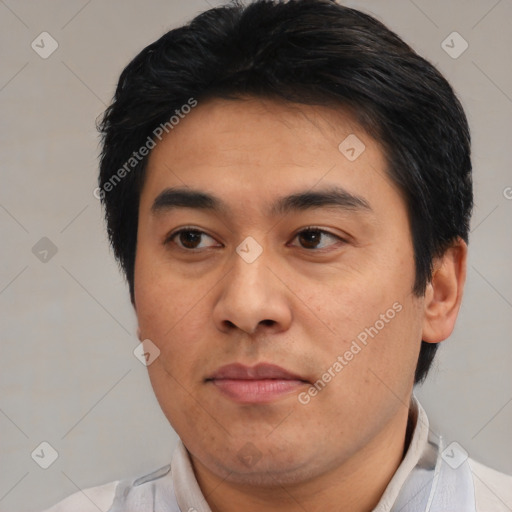 Joyful asian young-adult male with short  brown hair and brown eyes