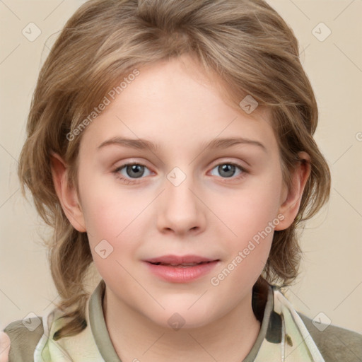 Joyful white child female with medium  brown hair and grey eyes