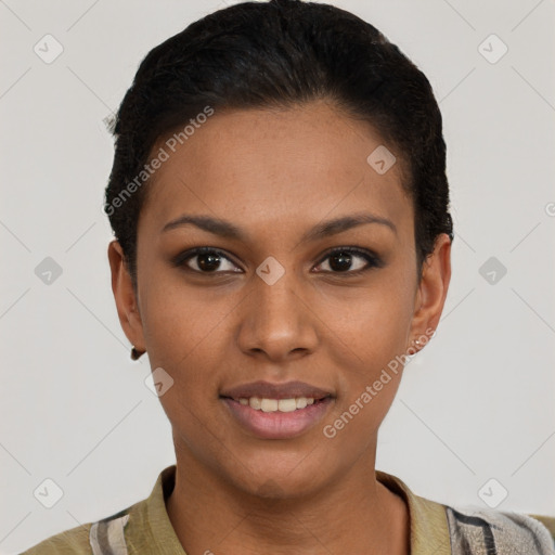 Joyful latino young-adult female with short  brown hair and brown eyes