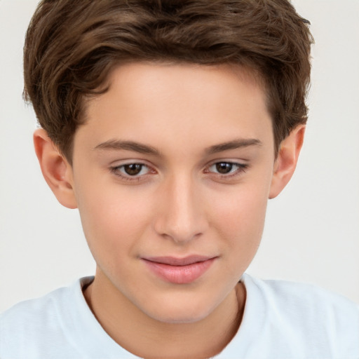 Joyful white child male with short  brown hair and brown eyes