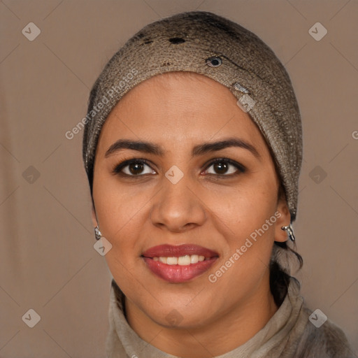 Joyful white young-adult female with short  black hair and brown eyes